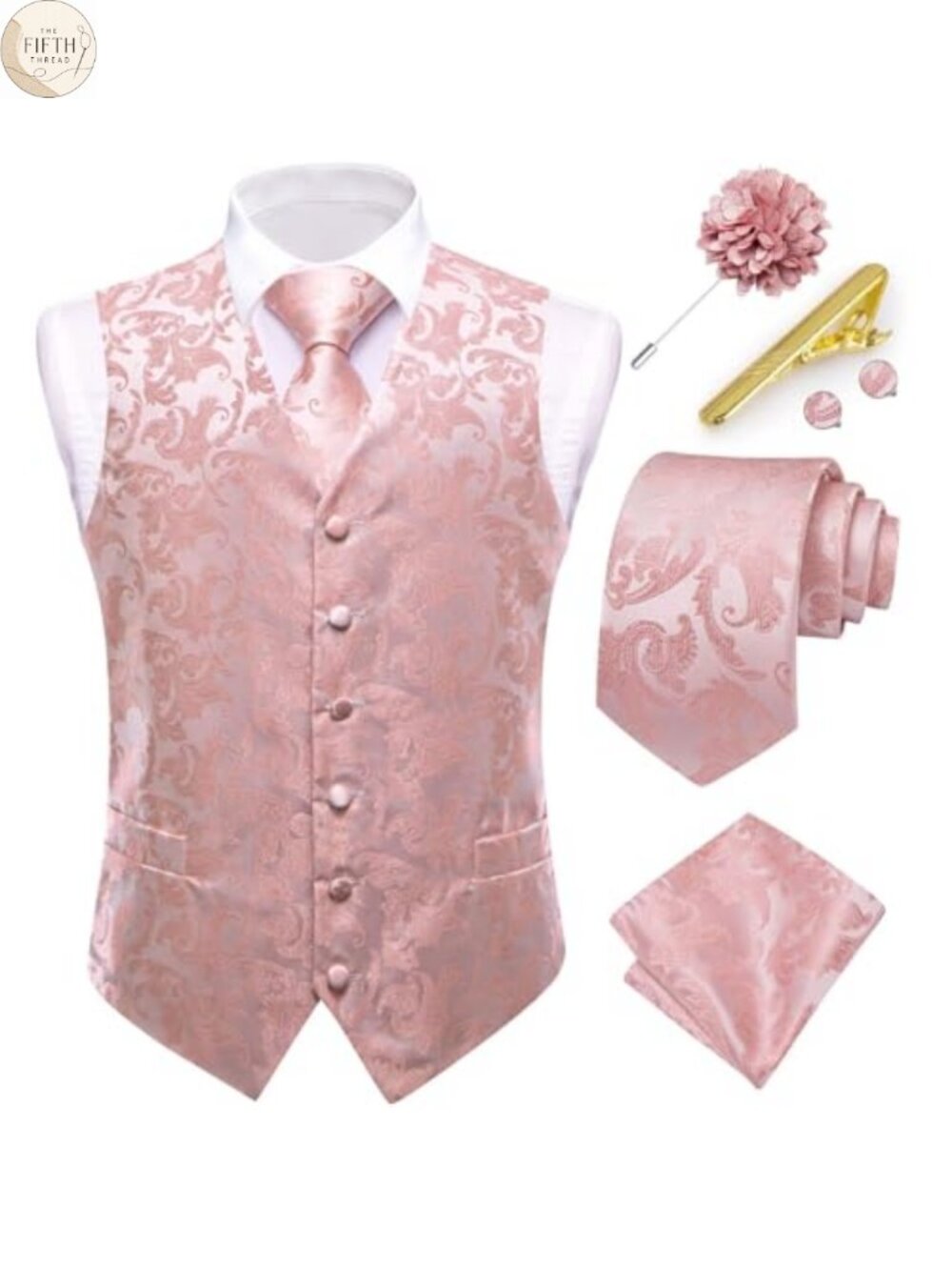 Men's Paisley Vest and Tie Set 6 Piece Formal Waistcoat with Accessories